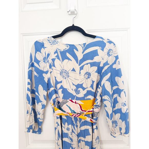 Maeve Anthropologie Dress Womens 2 Blue White Floral Maxi Wrap Belted V Neck - Picture 8 of 9